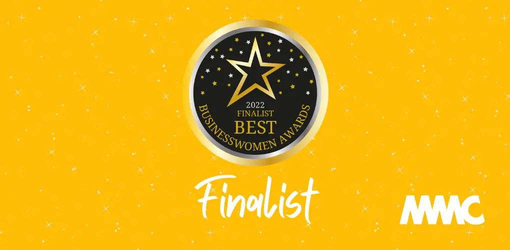 Best Businesswomen Awards Finalist logo on yellow background with script style text below