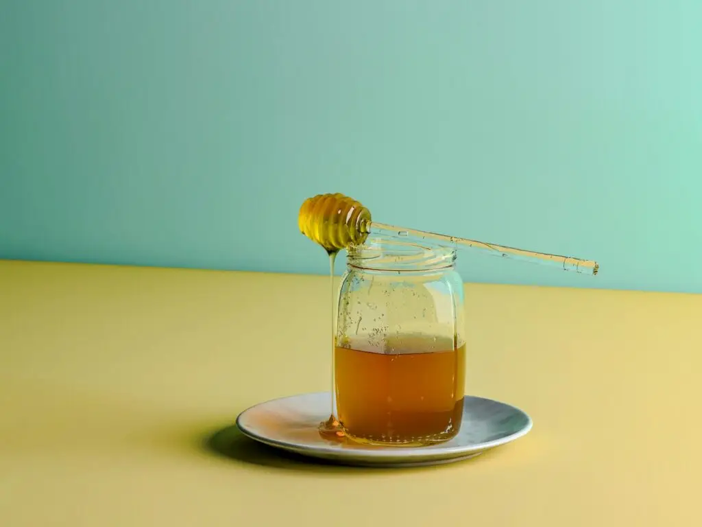 A wide angle shot of a clear jar of orange honey with a stick dripping honey down the side