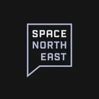 Space North East logo - wording contained in a straight-lined speech bubble in white and grey, on a black background.